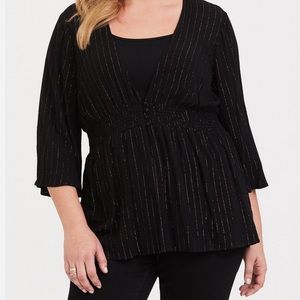 Torrid Womens Smocked Babydoll Blouse 2X Black Gold Striped Button Front